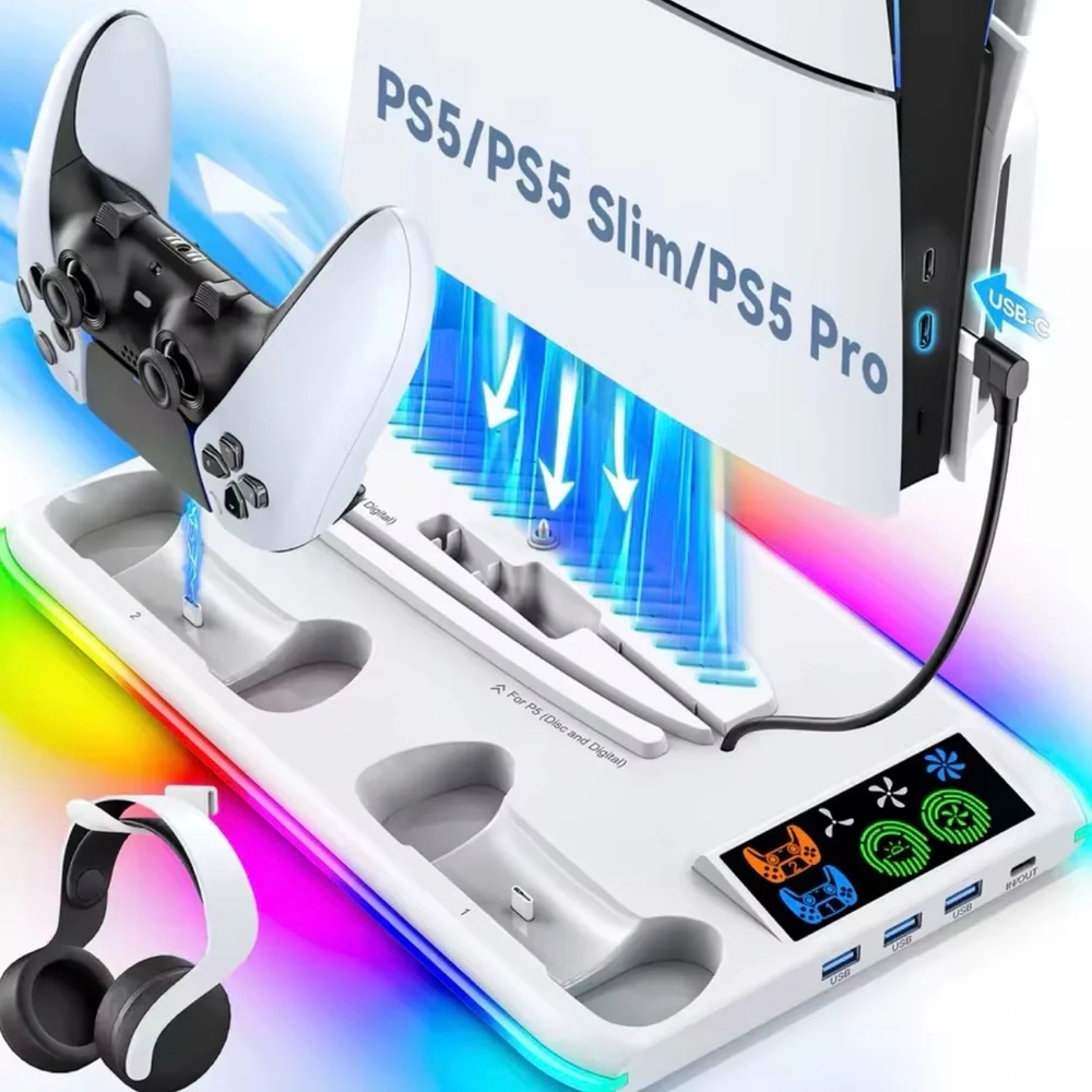 PS5 Disc Digital Slim/pro Stand Cooling Stand Dual Controller Charge Station Led